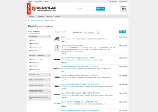 Lenovo Server - Produktseite in Lenovo-Resellershop mit Filter