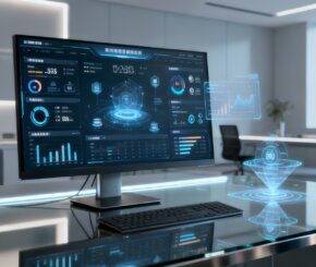 concertoprox-systemintegration-workstation Modernes Computerarbeitsplatz mit offenem Dashboard zur Systemintegration im ICT-Channel