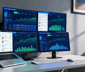 marktplatz-anbindung-it-reseller-concerto Arbeitsplatz mit Monitoren und Dashboard zur Marktplatz-Anbindung für IT-Reseller