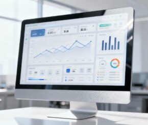 produktdatensaetze-dashboard-automatisierung Fotorealistisches Computer-Dashboard zur Automatisierung von Produktdatensätzen in modernem Büro.